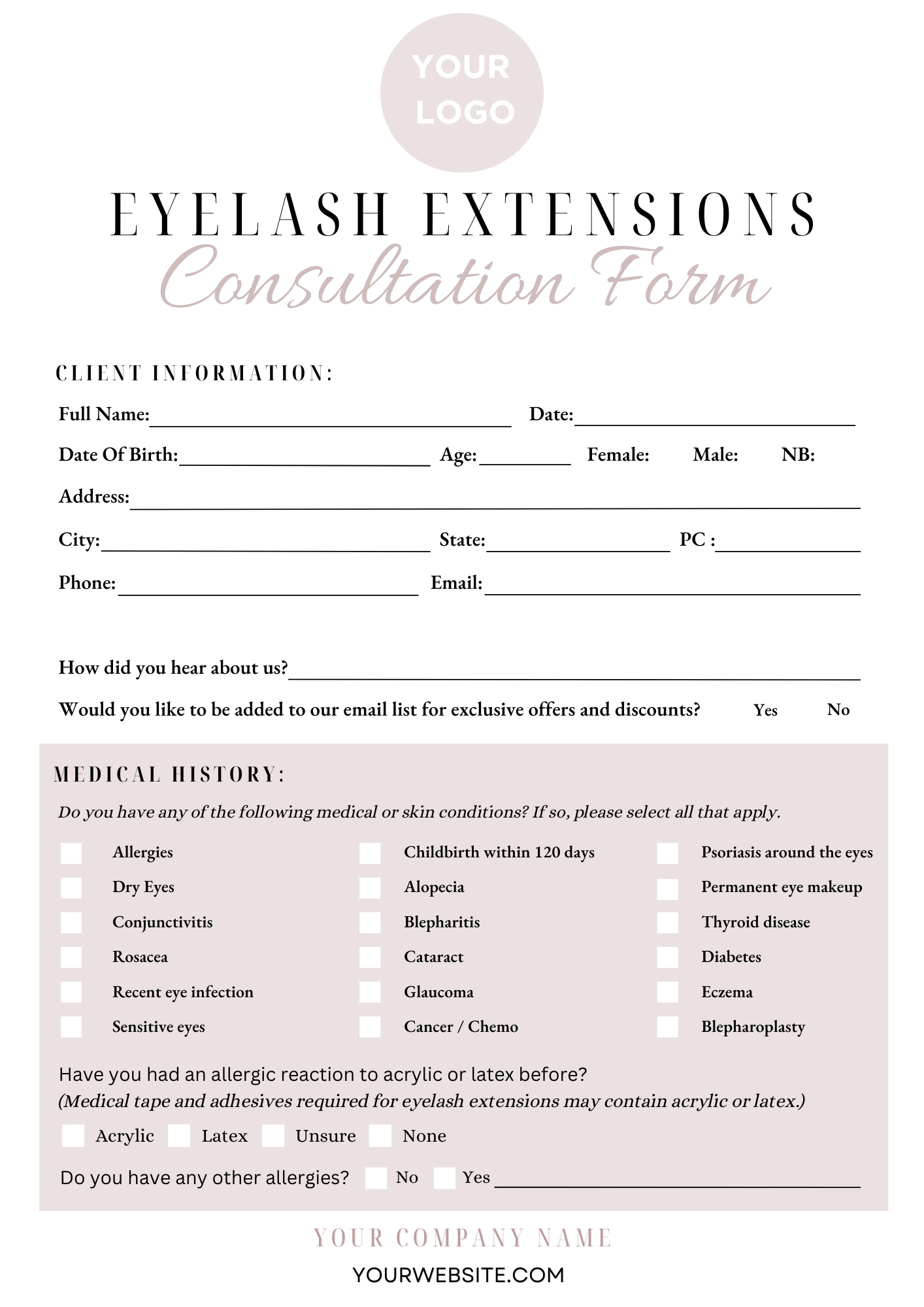 Lash extensions Consult & Consent Forms (Downloadable & Printable)