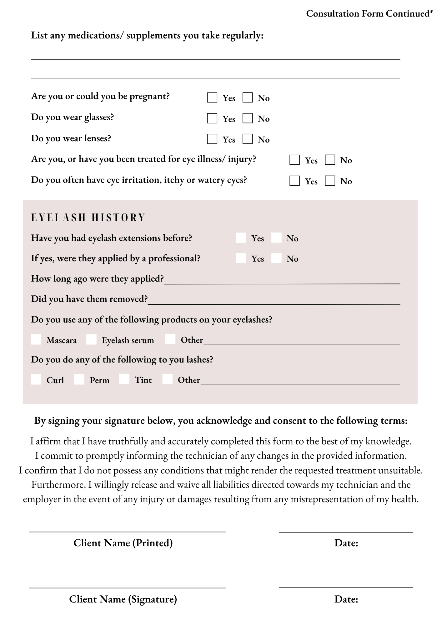 Lash extensions Consult & Consent Forms (Downloadable & Printable)